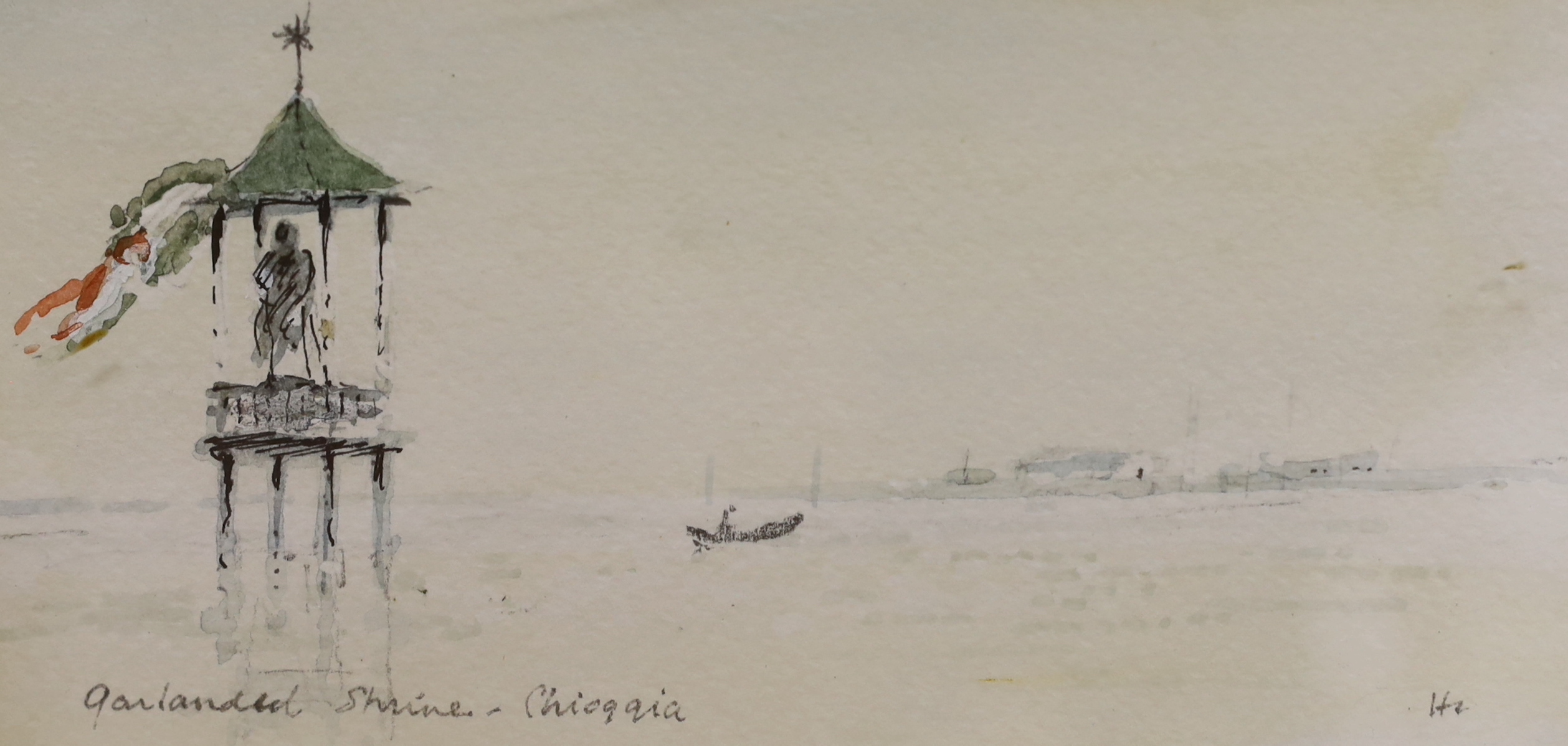 Sir Hugh Casson PRA (1910-1999), ink and watercolour, 'Garlanded Shrine, Chiogga', initialled, 8 x 16.5cm, together with a signed print of Queen Anne's Gate, 25 x 18cm